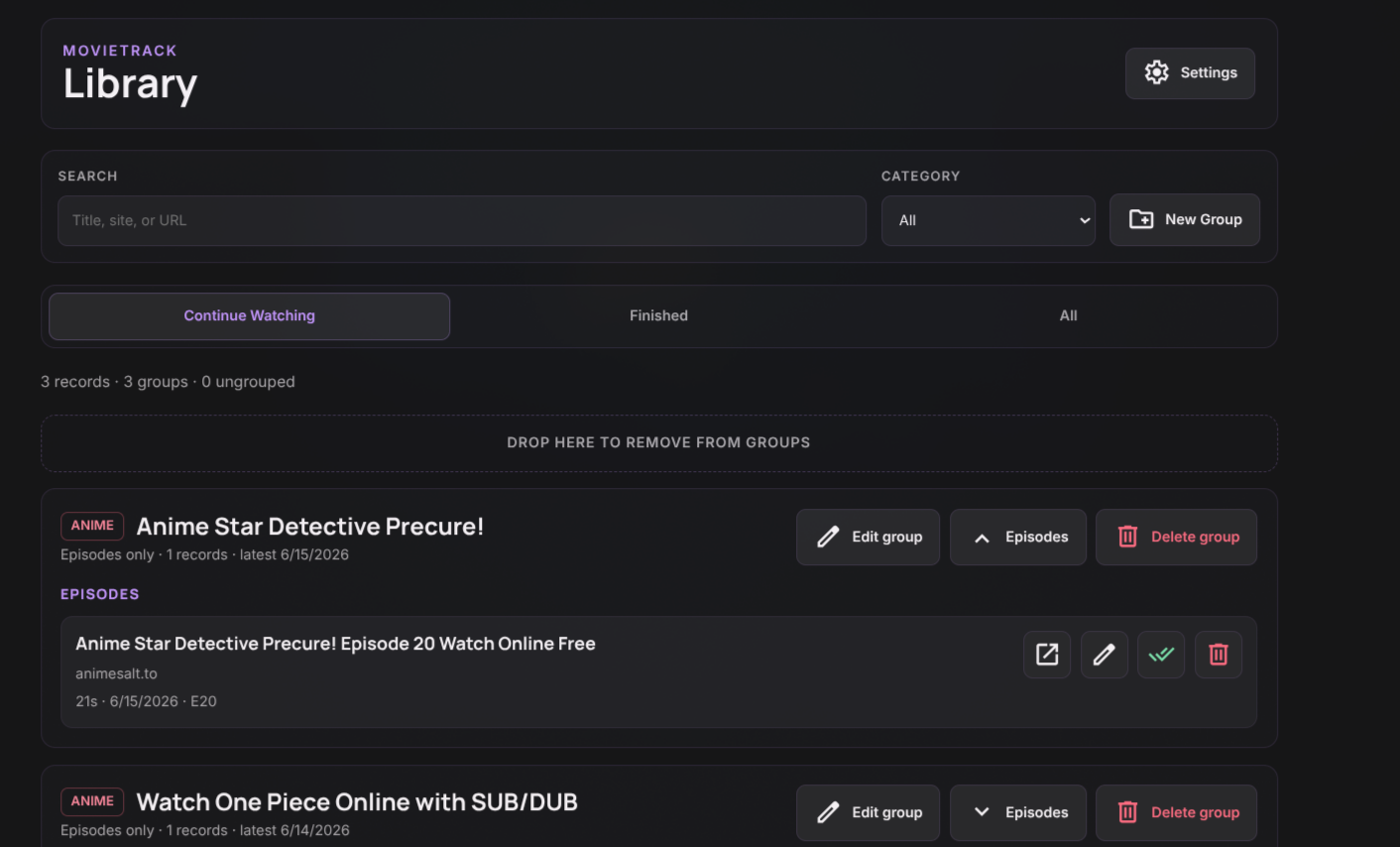 MovieTrack Library expanded group showing episodes