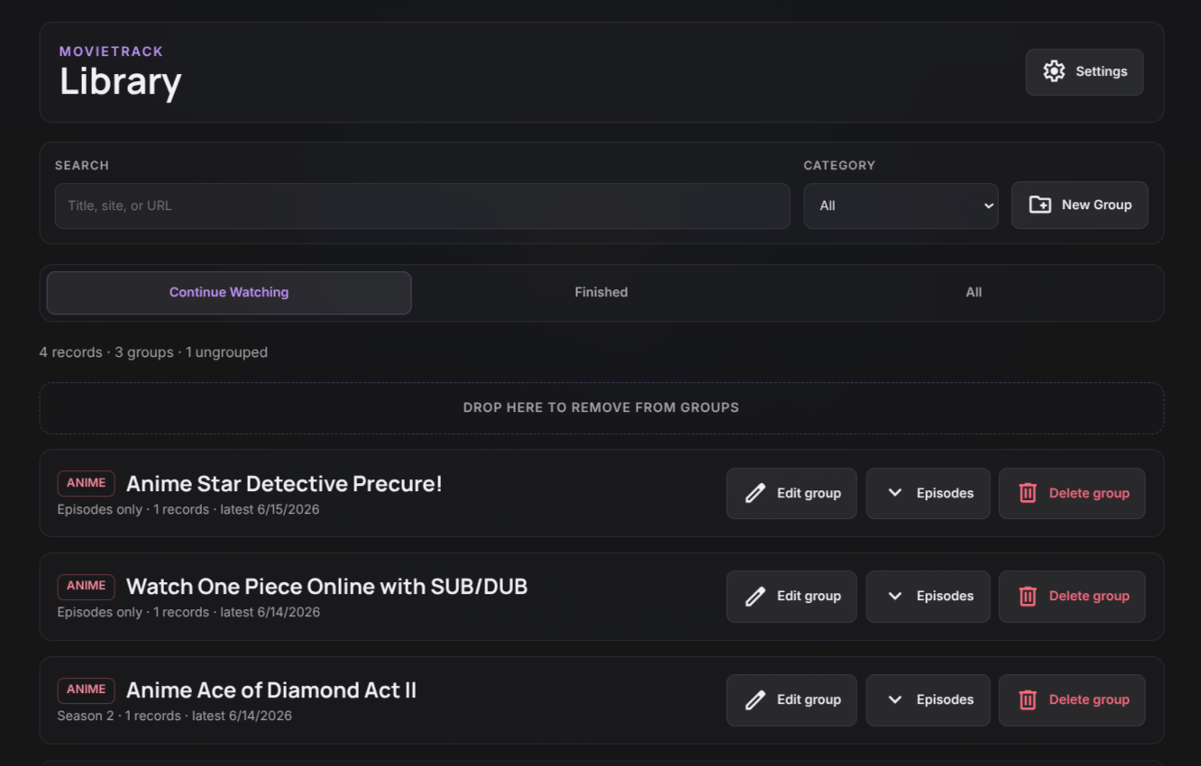 MovieTrack Library with grouped anime records and ungrouped videos