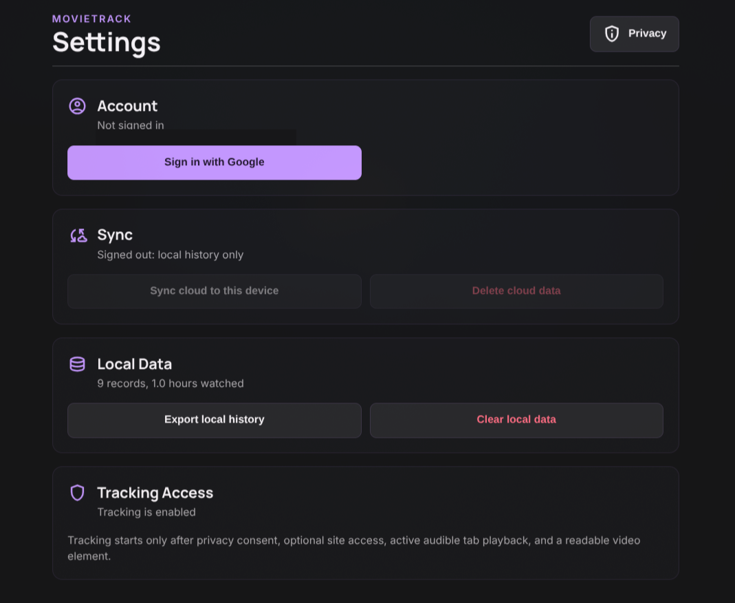 MovieTrack settings page